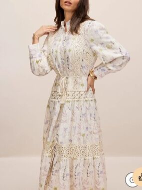 Floral Lace Trim Midi Dress Long Sleeve Button Front Cottagecore Boho Romantic